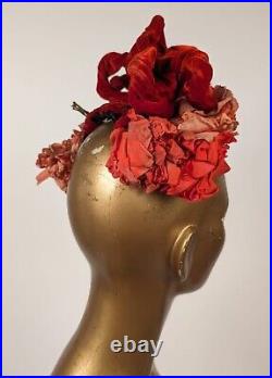 Victorian 1880's Wired Burnt Orange Silk Velvet Crown Bonnet W Rich Florals