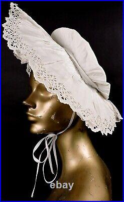 Victorian 1890's Eyelet Trimmed White Cotton Pancake Summer Hat W Piping