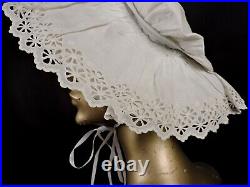 Victorian 1890's Eyelet Trimmed White Cotton Pancake Summer Hat W Piping