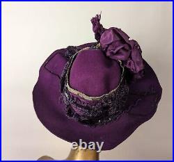 Victorian 1890's Royal Purple Hat W Embroidered Trim + Silk