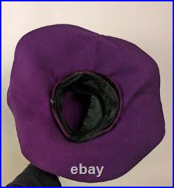 Victorian 1890's Royal Purple Hat W Embroidered Trim + Silk
