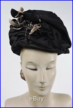 Victorian 1890s Black Ruched Silk Wired Torque Hat W Leave Trims