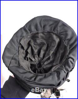Victorian 1890s Black Ruched Silk Wired Torque Hat W Leave Trims