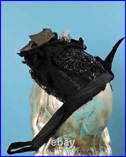 Victorian 19th C Black Jet Bead & Lace Bonnet W Moire Silk & Florals
