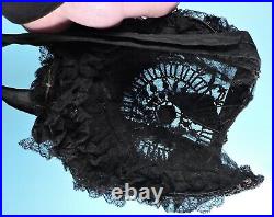 Victorian 19th C Black Jet Bead & Lace Bonnet W Moire Silk & Florals