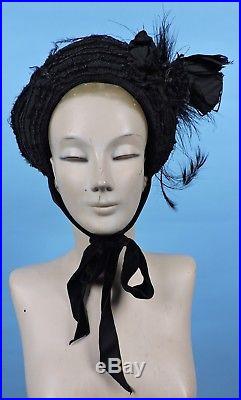 Victorian 19th C Black Straw Bonnet / Hat For Dress W Bird Of Paradise Feathers