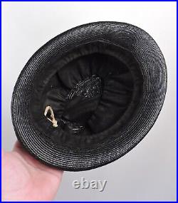Victorian 19th C Black Straw Torque Hat W Jet Buckle Trim