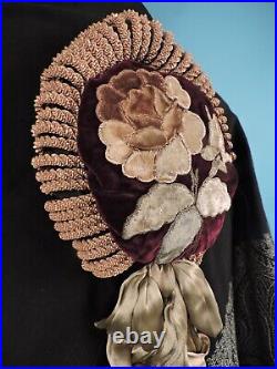 Victorian 19th C Stuffed Velvet Hat W Straw Spirals & Velvet Floral Applique