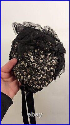 Victorian 19th C Two Tone Straw Bonnet W Silk Moire + Satin Tails