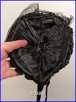 Victorian 19th C Two Tone Straw Bonnet W Silk Moire + Satin Tails