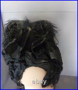 Victorian Antique Ostrich Feather Velvet Mourning Hat Bonnet Taxidermy Bird