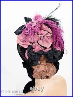 Victorian Bonnet Antique Hat in Black Velvet With Purple Silk and Feathers