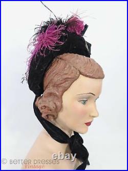 Victorian Bonnet Antique Hat in Black Velvet With Purple Silk and Feathers