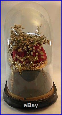 Victorian Eastern European BRIDAL CAP, within Antique Clear Glass Dome