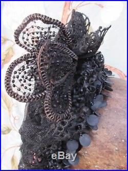 Victorian Edwardian fine straw mourning hat sequins beads embroidered net raffia