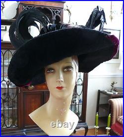 Victorian Hat 1890-1900 X-tra Large Black Beaver Fascinator Show-off Picture Hat