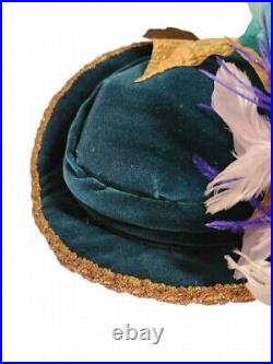 Victorian Hat Custom Design Handmade Green Feathers Velour Re-enactment Theater