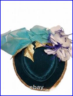 Victorian Hat Custom Design Handmade Green Feathers Velour Re-enactment Theater