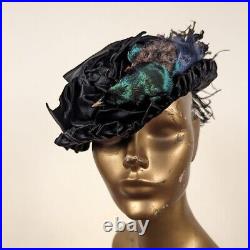 Victorian Ruched Satin + Velvet Hat W Full Bird Trim