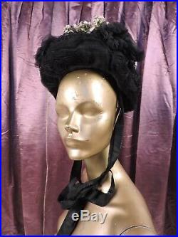 Victorian Turn Of The Century Black Horsehair Bonnet Hat W Chiffon & Florals