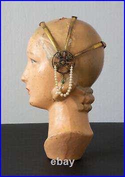 Vintage 1920's Egyptian Revival Brass Headpiece with Pearl Beads and Green Jewels