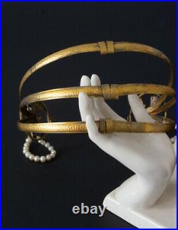 Vintage 1920's Egyptian Revival Brass Headpiece with Pearl Beads and Green Jewels