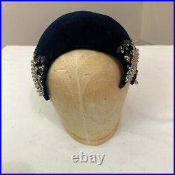 Vintage 1920s-1930s Handmade Jeweled and Beaded Cocktail Style Hat Velvet Pearls