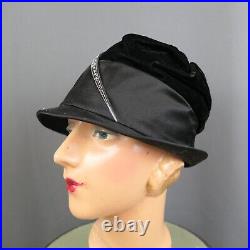 Vintage 1920s Black Velvet Cloche Hat, Dramatic Celluloid Rhinestone Decoration