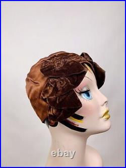Vintage 1920s Copper Brown Silk Cloche Cap Hat with Velvet Ruffle Bow Antique