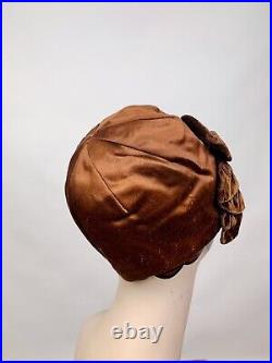 Vintage 1920s Copper Brown Silk Cloche Cap Hat with Velvet Ruffle Bow Antique
