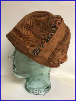 Vintage 1920s Flapper Cloche Hat Shimmering Dark Taupe Crepe Velour flowers