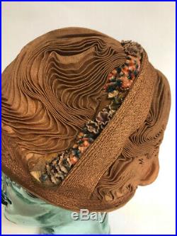 Vintage 1920s Flapper Cloche Hat Shimmering Dark Taupe Crepe Velour flowers
