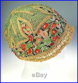 Vintage 1920s Helmet Cloche Cord Work Lace Womens Original Cap Hat