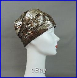 Vintage 1920s Sequin Cloche Hat, Gold Floral Flapper Hat, fits 21 inch head