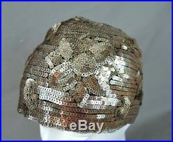 Vintage 1920s Sequin Cloche Hat, Gold Floral Flapper Hat, fits 21 inch head