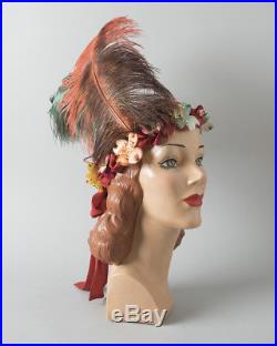 Vintage 1920s Style Headdress Handmade Ostrich Feather Floral Headband Headpiece