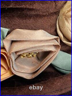 Vintage 1920s Velvet Brown Ladies Hat With Handmade Silk Rose Flowers Silk Lined