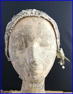 Vintage 1920s skull cap, bridal, faux pearl lace and paste, 20s hat