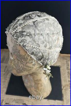 Vintage 1920s skull cap, bridal, faux pearl lace and paste, 20s hat