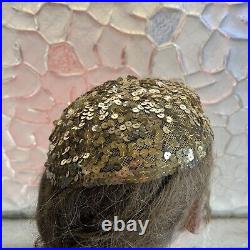 Vintage 1930 Gold Sequin on Cream Mesh Tulle Hat Headpiece Beanie Showgirl
