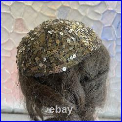 Vintage 1930 Gold Sequin on Cream Mesh Tulle Hat Headpiece Beanie Showgirl
