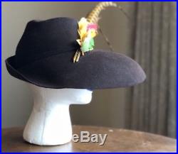 Vintage 1930's Julian wool felt hat feathers bold gorgeous 22-1/2 mint cond