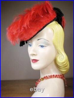 Vintage 1930s 1940s Amazing Black Fabric Red Feather Tilt Hat Leighton L97