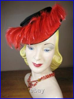 Vintage 1930s 1940s Amazing Black Fabric Red Feather Tilt Hat Leighton L97