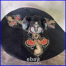 Vintage 1930s 1940s Black Felt Hand Embroidered Paisley Appliqué Wide Brim Hat