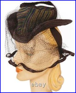 Vintage 1930s Brown Straw Tilt Hat S M L