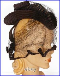 Vintage 1930s Brown Straw Tilt Hat S M L