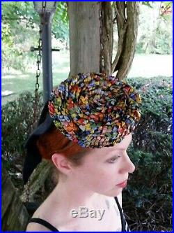 Vintage 1930s Designer Helen Liebert Tilt Hat Quilted Bow & Colorful Straw Cap