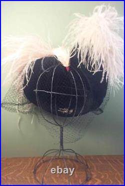 Vintage 1930s Frank Palma Originals Tilt Black Felt Hat Bird Feathers Whimsical