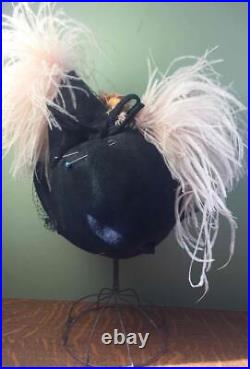 Vintage 1930s Frank Palma Originals Tilt Black Felt Hat Bird Feathers Whimsical